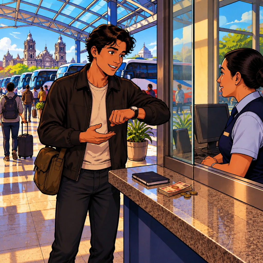 Justin checks a simple wristwatch and asks a station clerk what time the bus leaves.