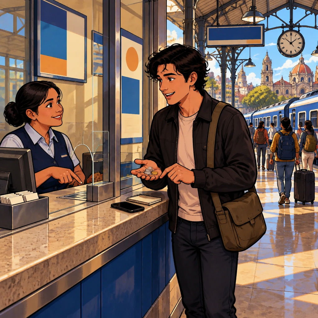 Justin holds out pesos and asks the ticket seller how much one ticket costs.