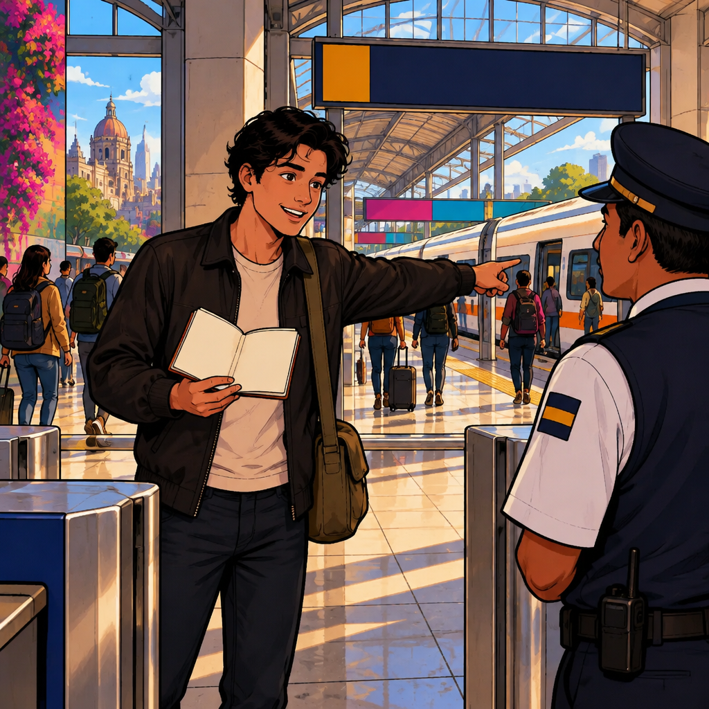 Justin studies a blank stylized station map and points toward a platform while asking which platform he needs.