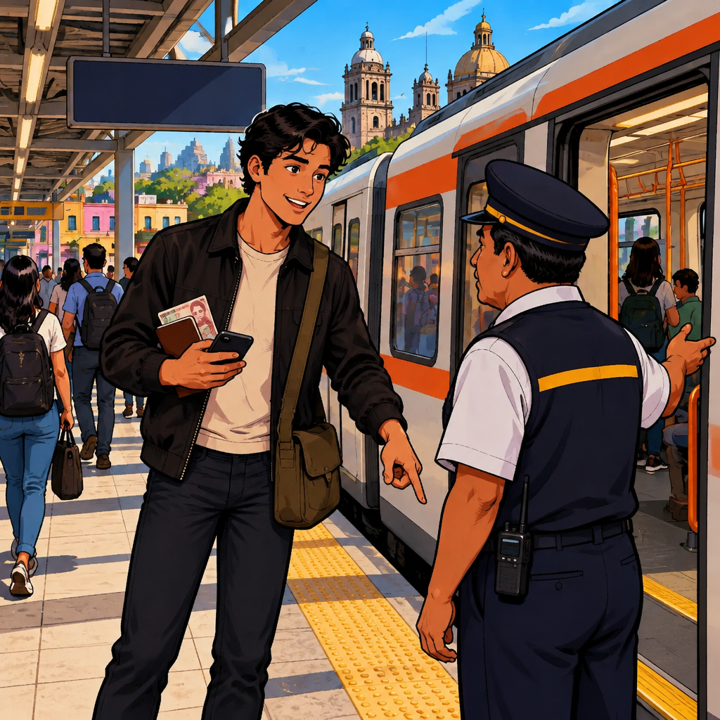 Justin turns toward a train door and gestures down toward the floor, asking where he should get off.