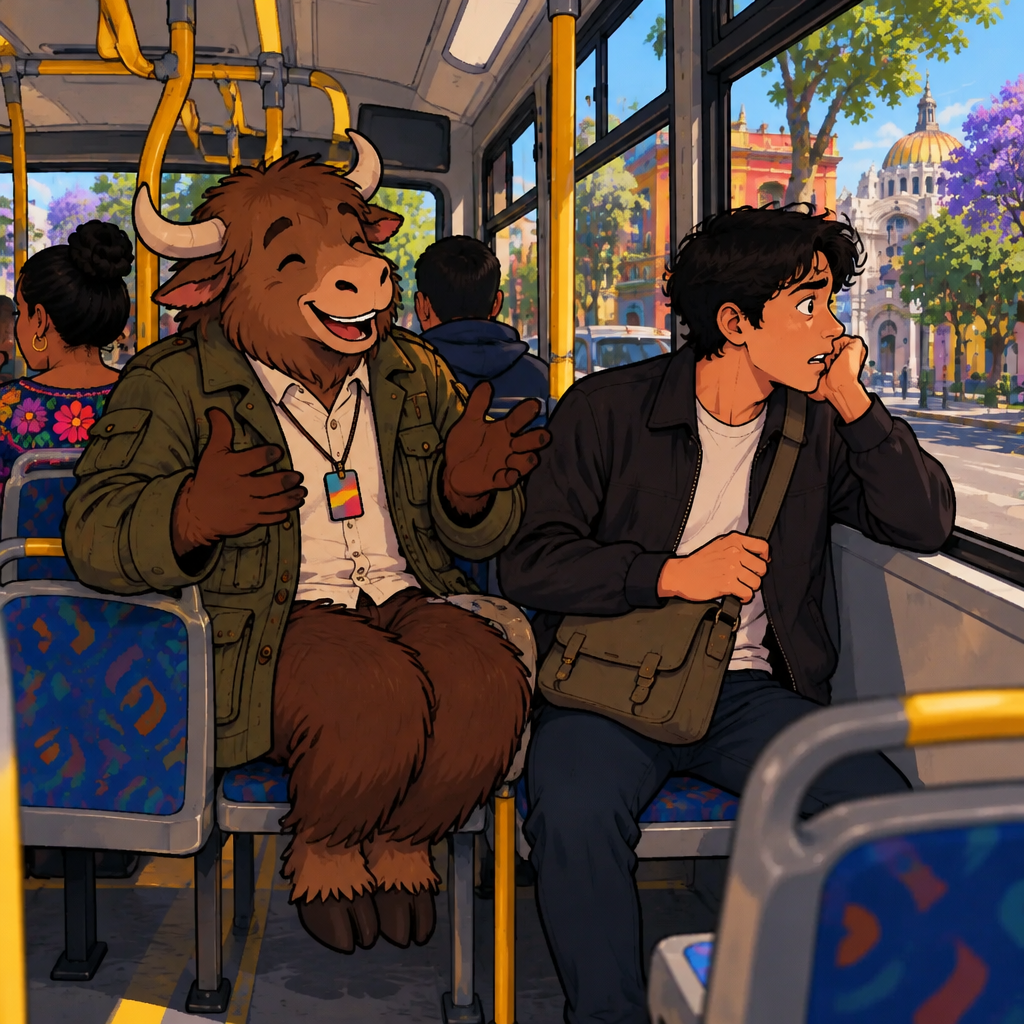 Justin realizes the Mexico City bus has gone beyond his intended stop while Yako talks beside him.