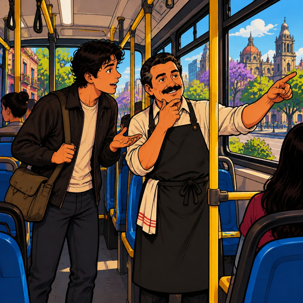 Justin asks Michael how many bus stops remain before the destination.