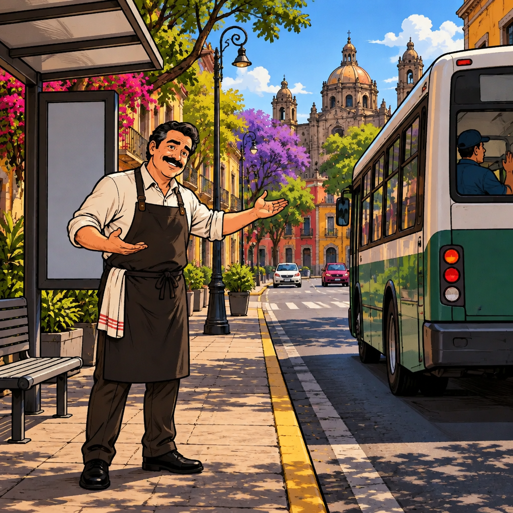 Michael waits near the curb and asks a bus driver how often the bus service arrives.