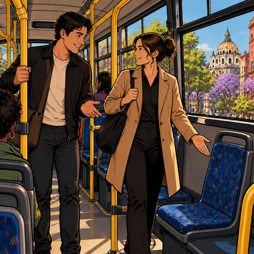 Amanda gestures toward an empty bus seat and asks Justin whether it is occupied.