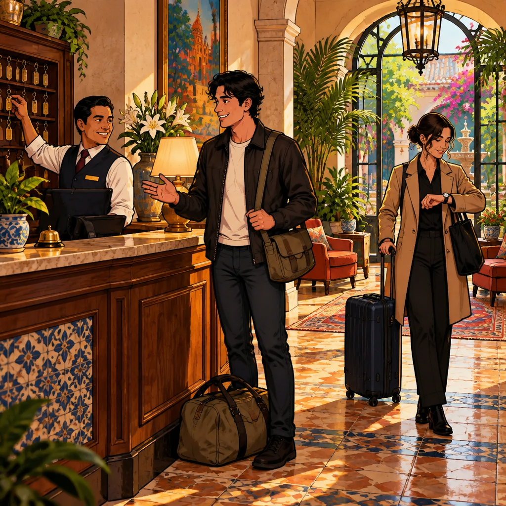 Justin politely asks to check in, placing his bag down.