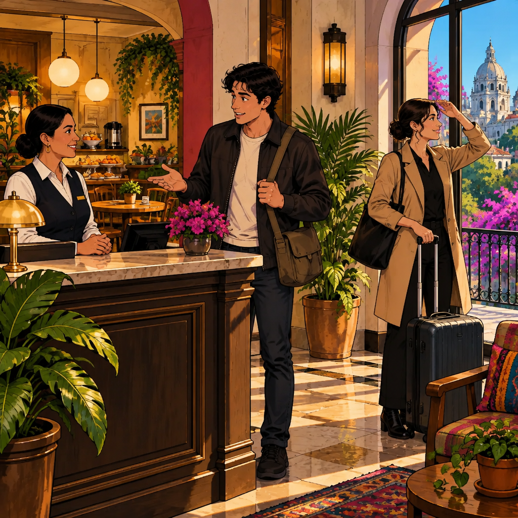 Justin asks whether breakfast is included, gesturing toward a breakfast area.