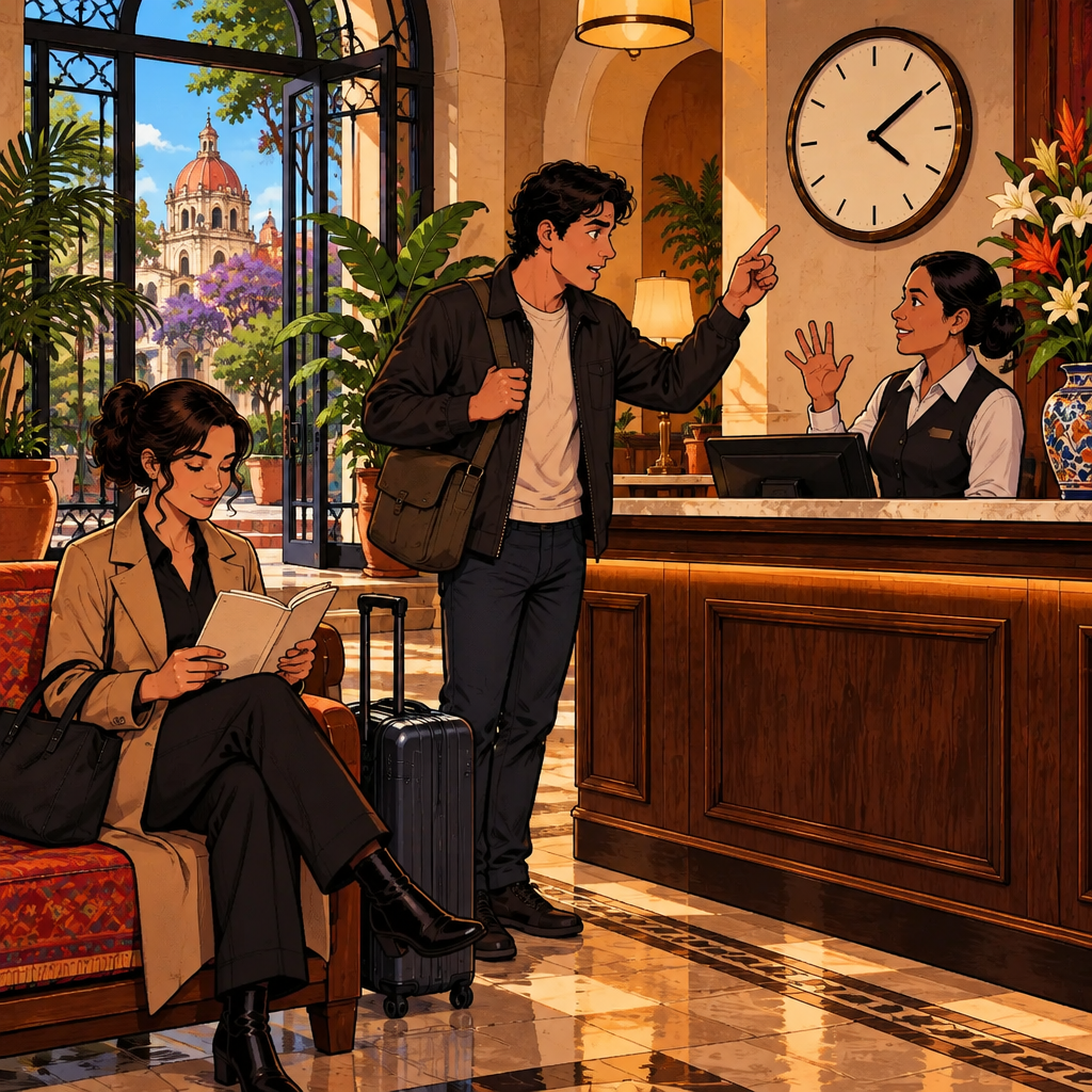 Justin asks what time checkout is, pointing at a clock above the desk.