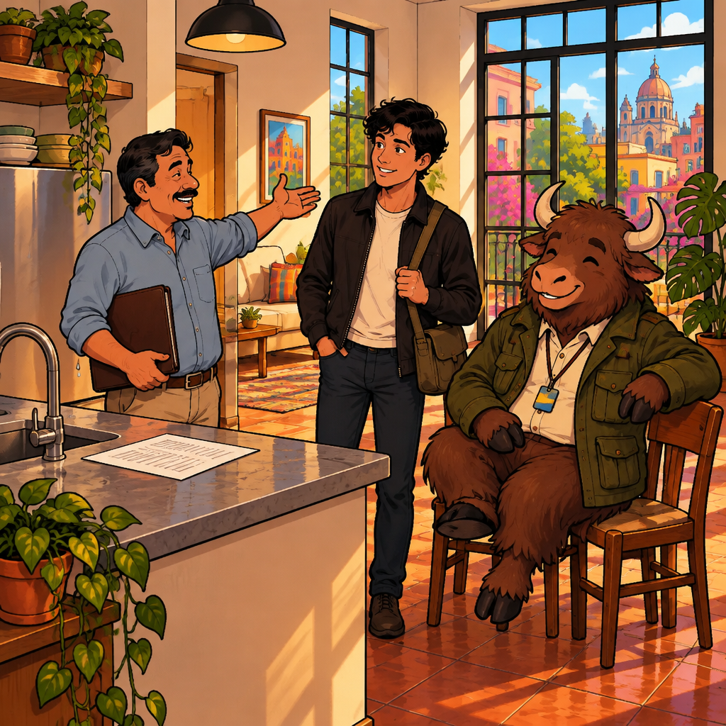A friendly landlord with a folder shows Justin around a bright empty apartment with a contract on the counter, while Yako sits nearby on two chairs.