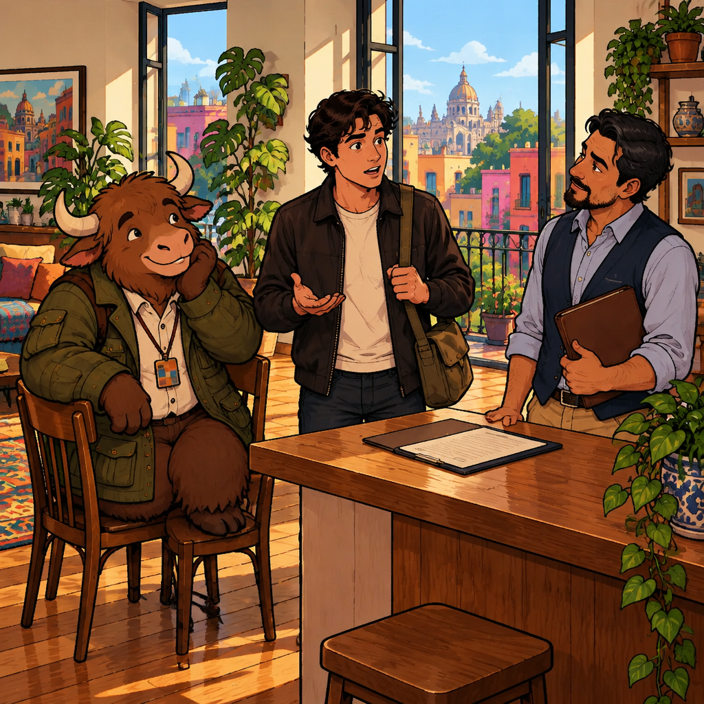 Justin holds up a hand and asks the landlord how long the lease is.