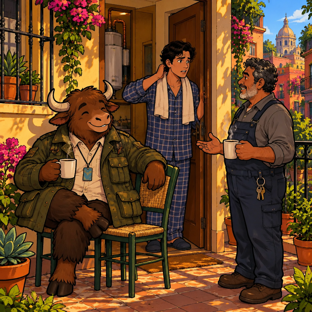 Justin stands at his apartment doorway talking with a middle-aged man holding a coffee mug, with Yako nearby on two chairs.