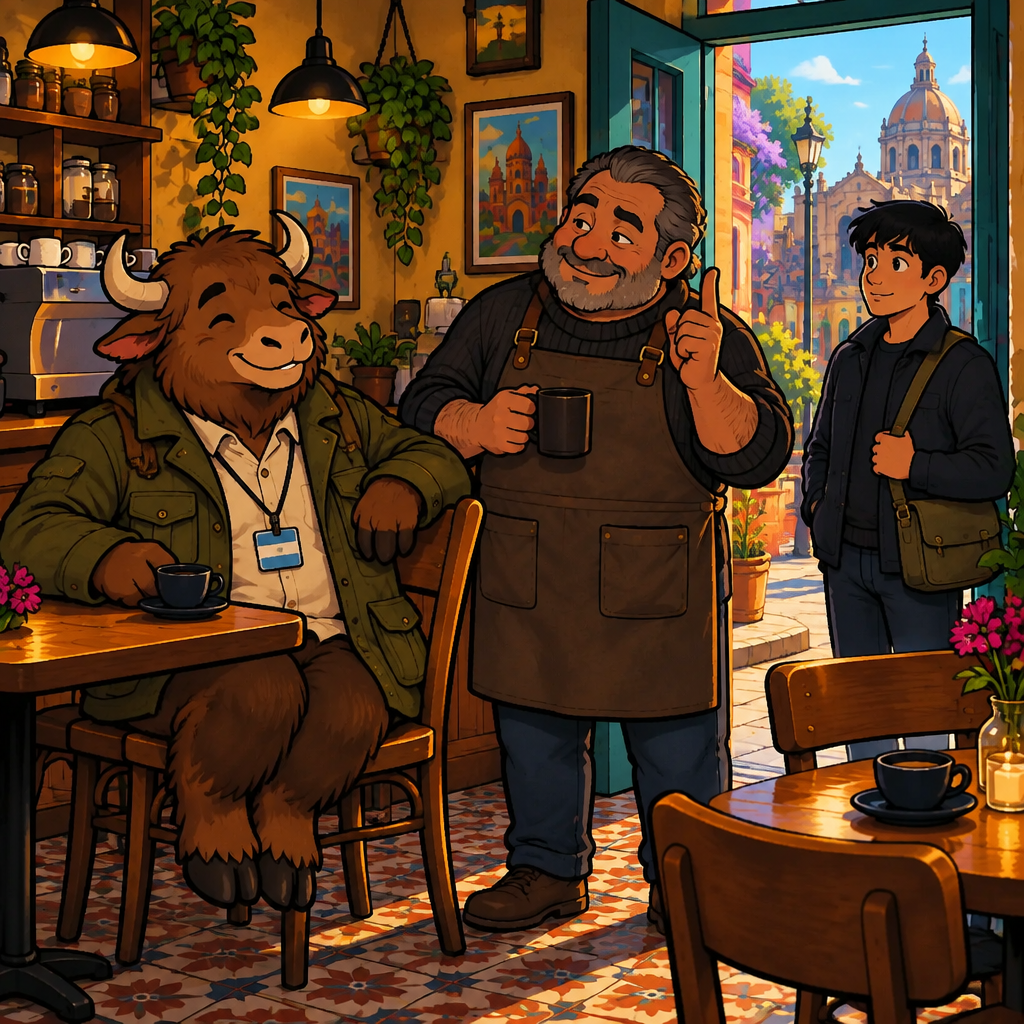 The grey-stubbled caretaker raises a knowing finger while speaking, and Yako listens from his two chairs.