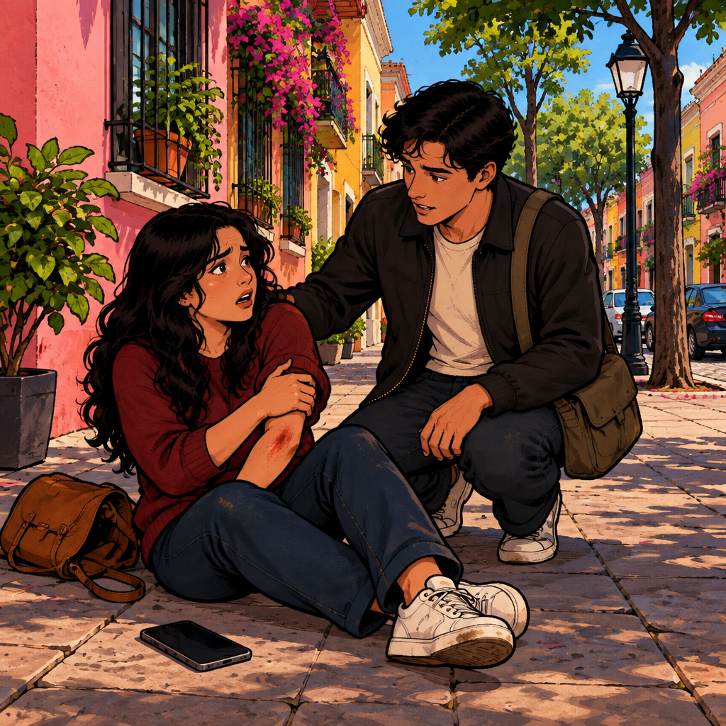 A frightened woman sits on the sidewalk holding her arm while Justin stays beside her, and a phone lies on the pavement after an accident.