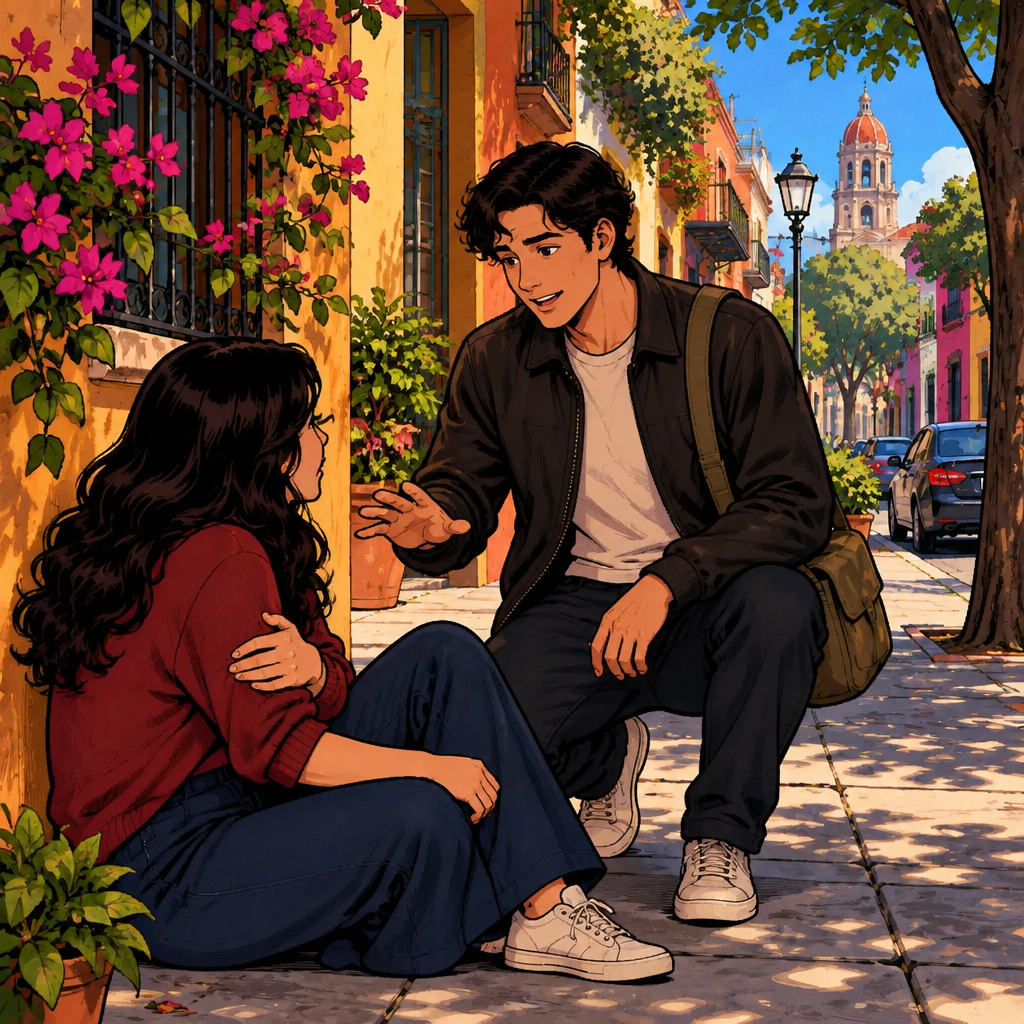 Justin speaks reassuringly to the frightened woman while keeping a calm posture beside her.