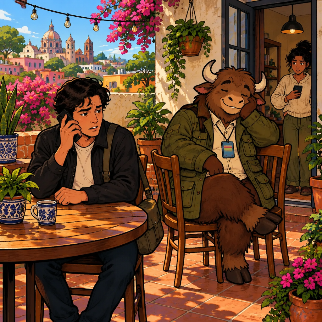 Justin sits at home in colonia El Laurel, calling Peter while Yako listens nearby, and a roommate is visible through the open doorway.