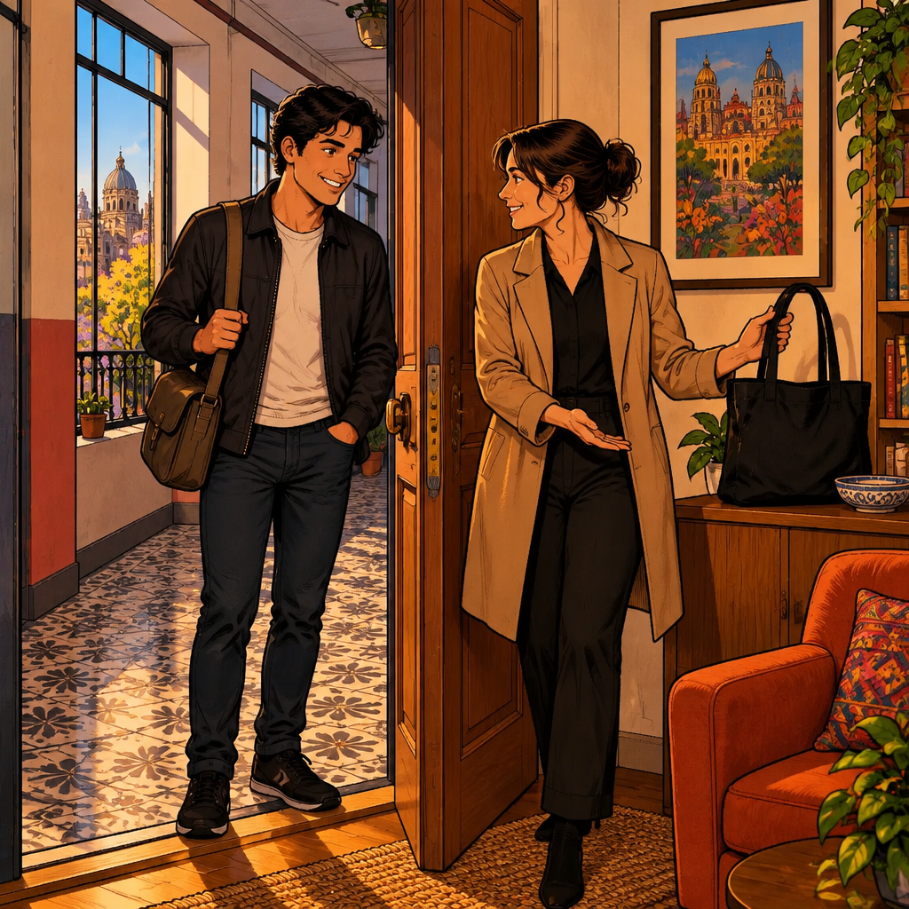 Amanda welcomes first-time visitor Justin at her open apartment door, with an empty hallway outside and a waiting chair inside.