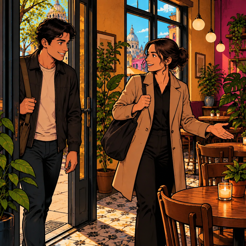 Amanda casually beckons Justin farther into the apartment while he pauses just inside the entrance.
