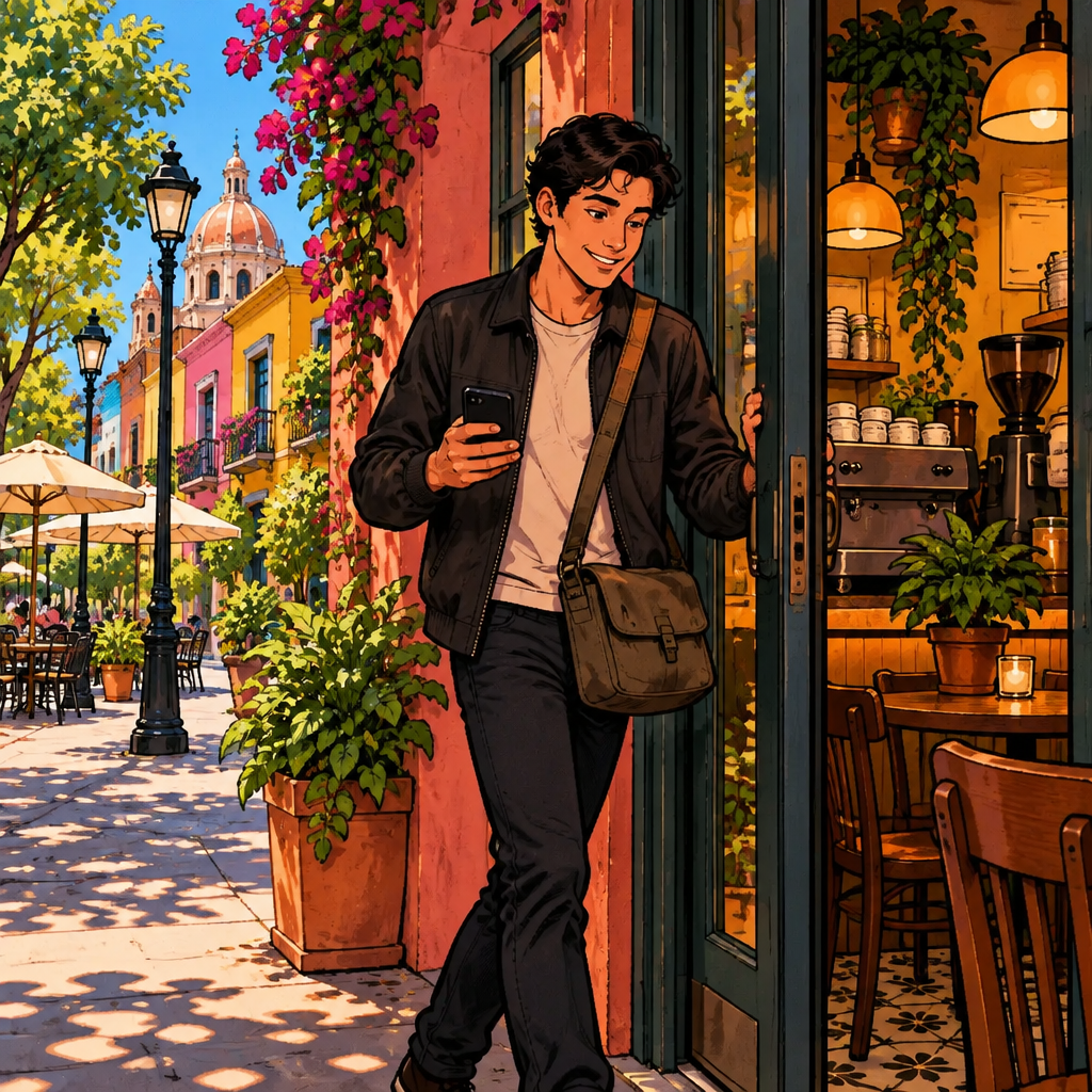 Ya casi: Justin is one step from the café door.