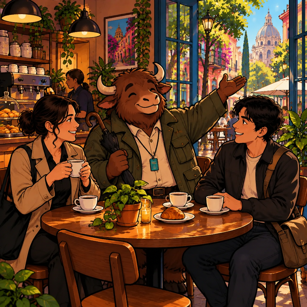 Yako holds a closed umbrella and announces hace calor as if he settled it with the sky.