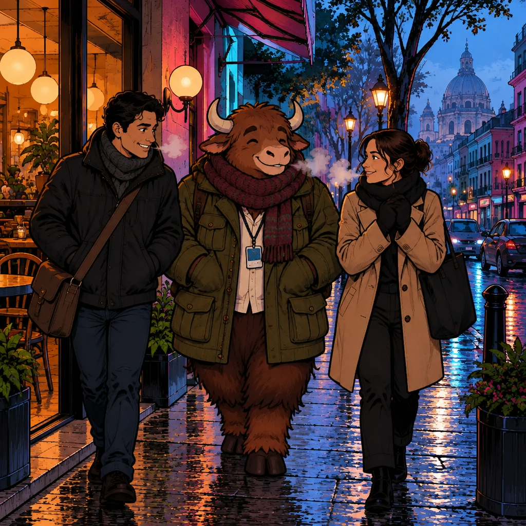 Hace frío: all three bundle in coats and scarves on the sidewalk, their breath showing in the cold air.