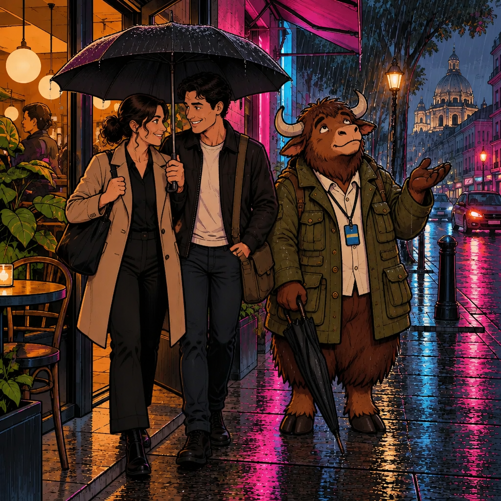 Está lloviendo: rain falls on the sidewalk and Amanda and Justin share an open umbrella while Yako's stays closed.