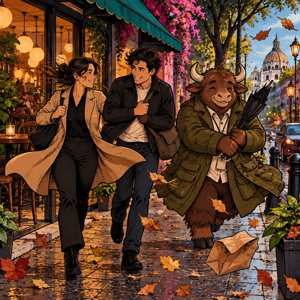 Hace viento: strong wind blows Amanda's hair and coat, Justin holds his bag, and leaves swirl down the street.