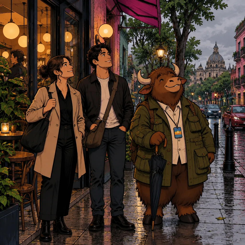 Está nublado: a thick grey cloud cover fills the sky above the street while the three of them look up.