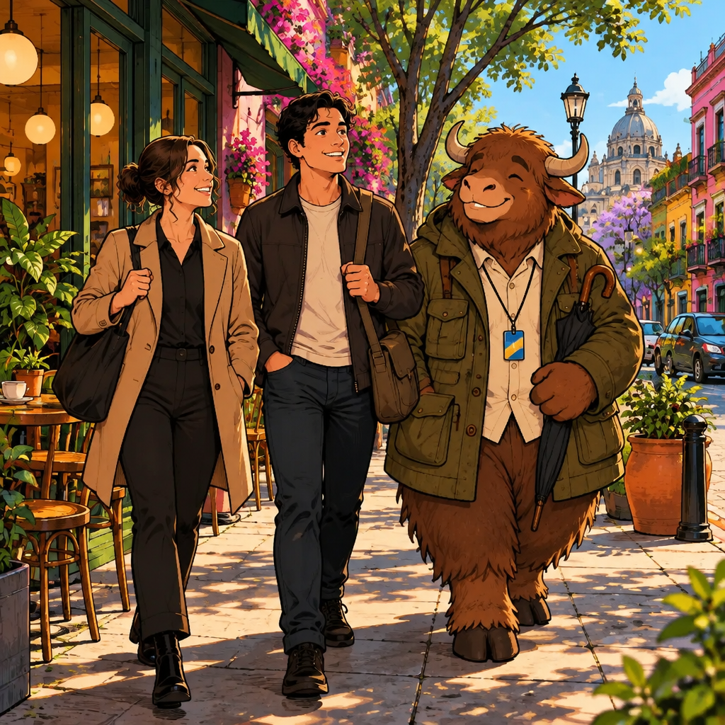Qué buen clima hace hoy: a bright blue sky and warm sun, and the three of them smile happily on the sidewalk.