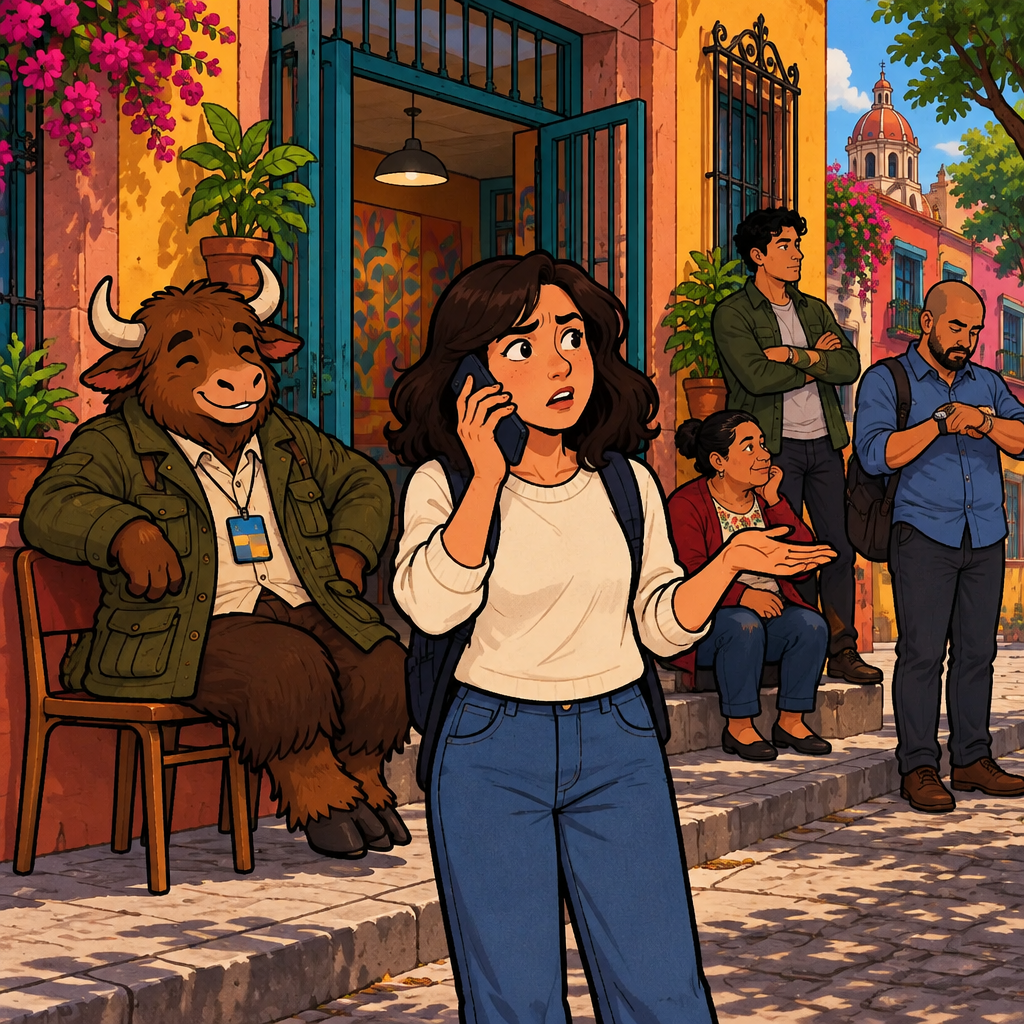 Megan, holding her phone to her ear, asks what the person looks like while several different people wait near the doors.