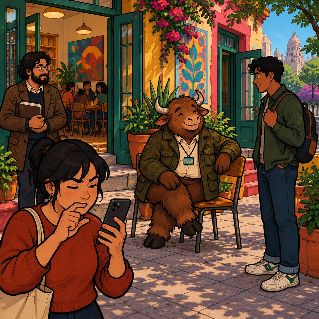 Megan narrows it down by a distinctive feature while two men wait by different doors, one with a backpack and one with a book.