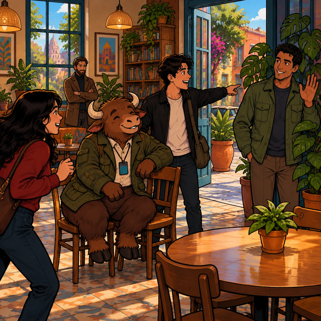 Justin points at the tall man standing right beside a large potted plant by the side door and says that's him.