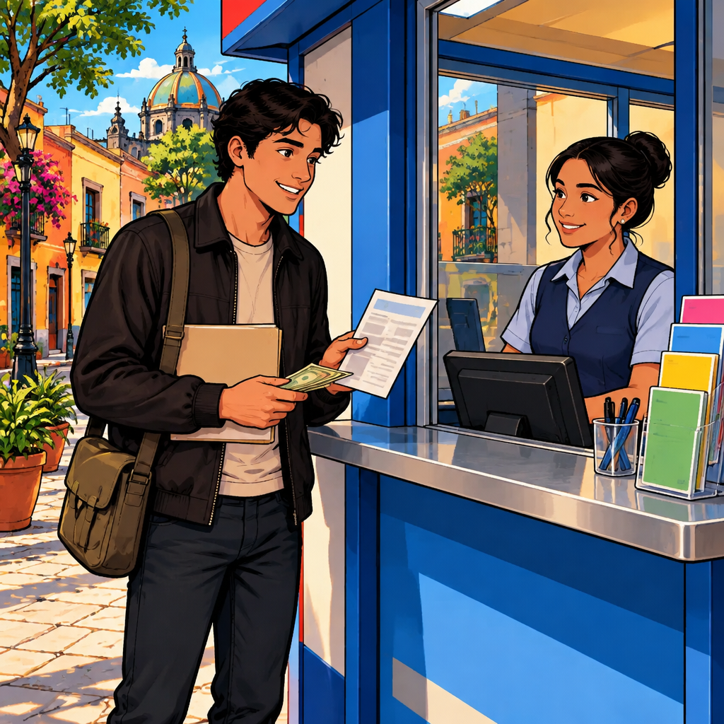 Justin stands at a small neighborhood payment counter with a phone bill, cash, and an empty folder for a receipt, while a clerk stands behind the counter.