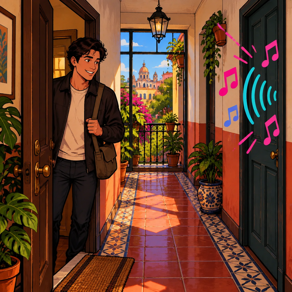 A quiet colonia El Laurel apartment hallway under a clear blue sky, with Justin behind his closed apartment door and loud music visibly vibrating from a neighboring doorway.