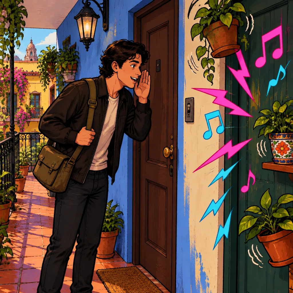 Justin kindly speaks through his apartment door toward the neighboring apartment while strong sound waves and rattling objects show that the music is very loud.