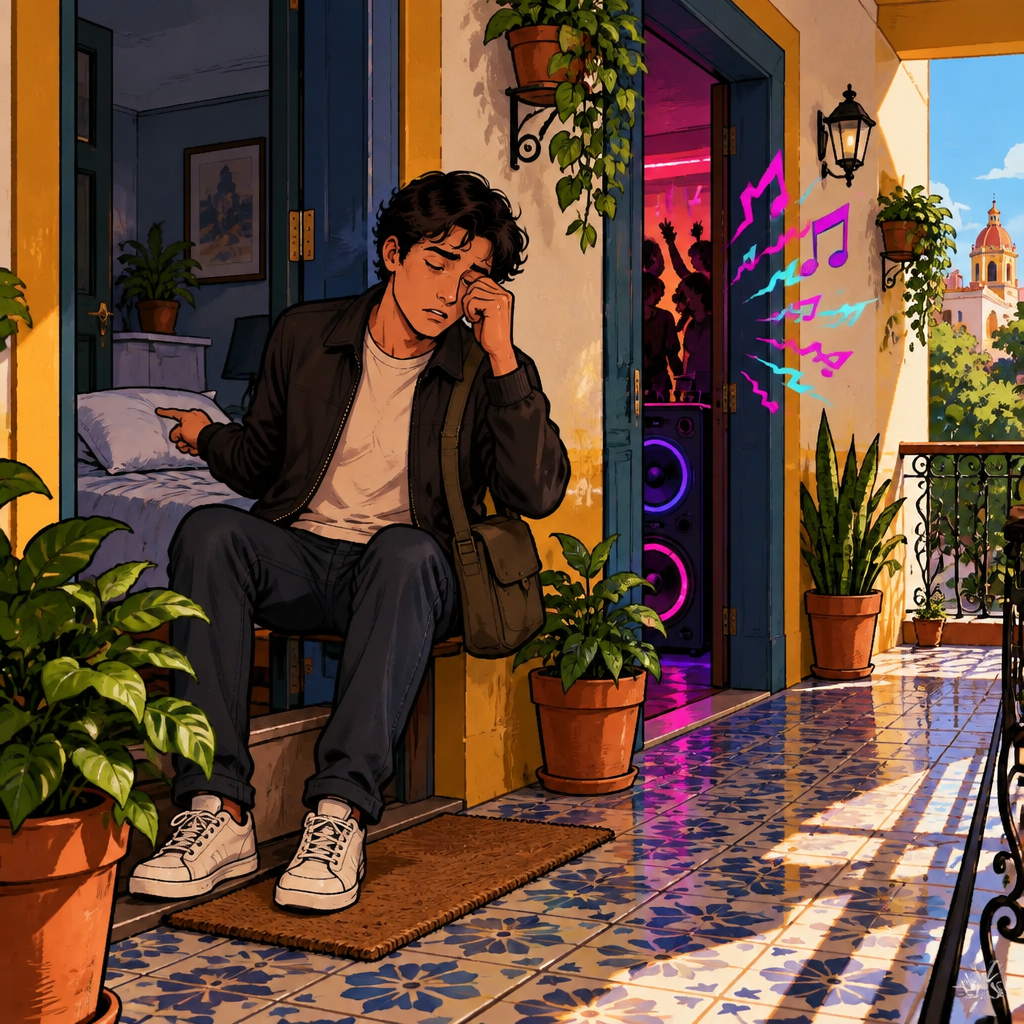 Justin looks tired and worried beside his apartment door, gesturing toward a sleeping pillow while loud music continues from the neighboring apartment.