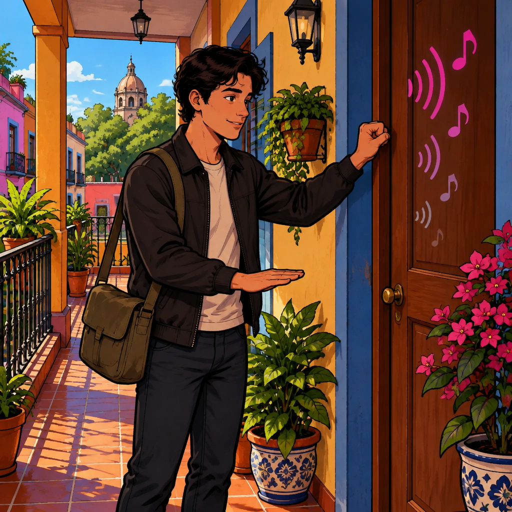 Justin politely knocks on the neighboring apartment door and raises one hand in a gentle request to reduce the music.