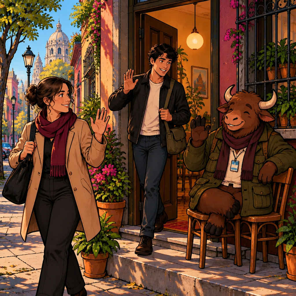 At the doorway of a colorful building, Justin prepares for a walk, Amanda heads to work, and Yako watches while the chilly blue-sky morning surrounds them.