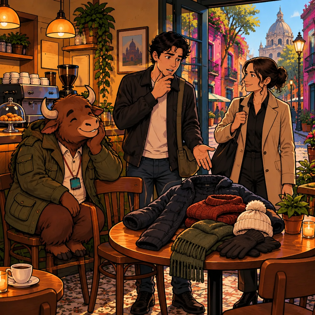 Justin stands at the doorway with puzzled raised hands, asking what he should wear, while Amanda pauses nearby and Yako watches.
