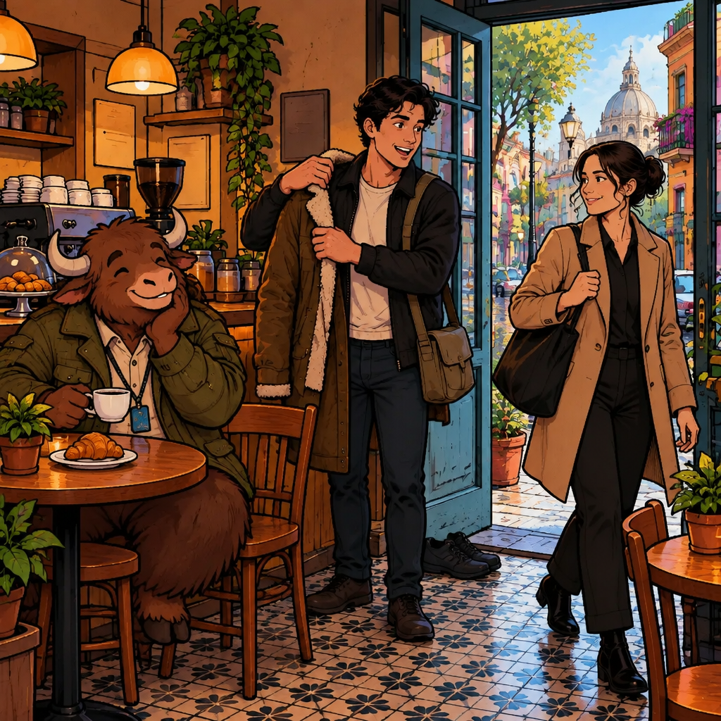 Justin confidently chooses a warm coat to wear before leaving, while Amanda continues toward work and Yako observes.