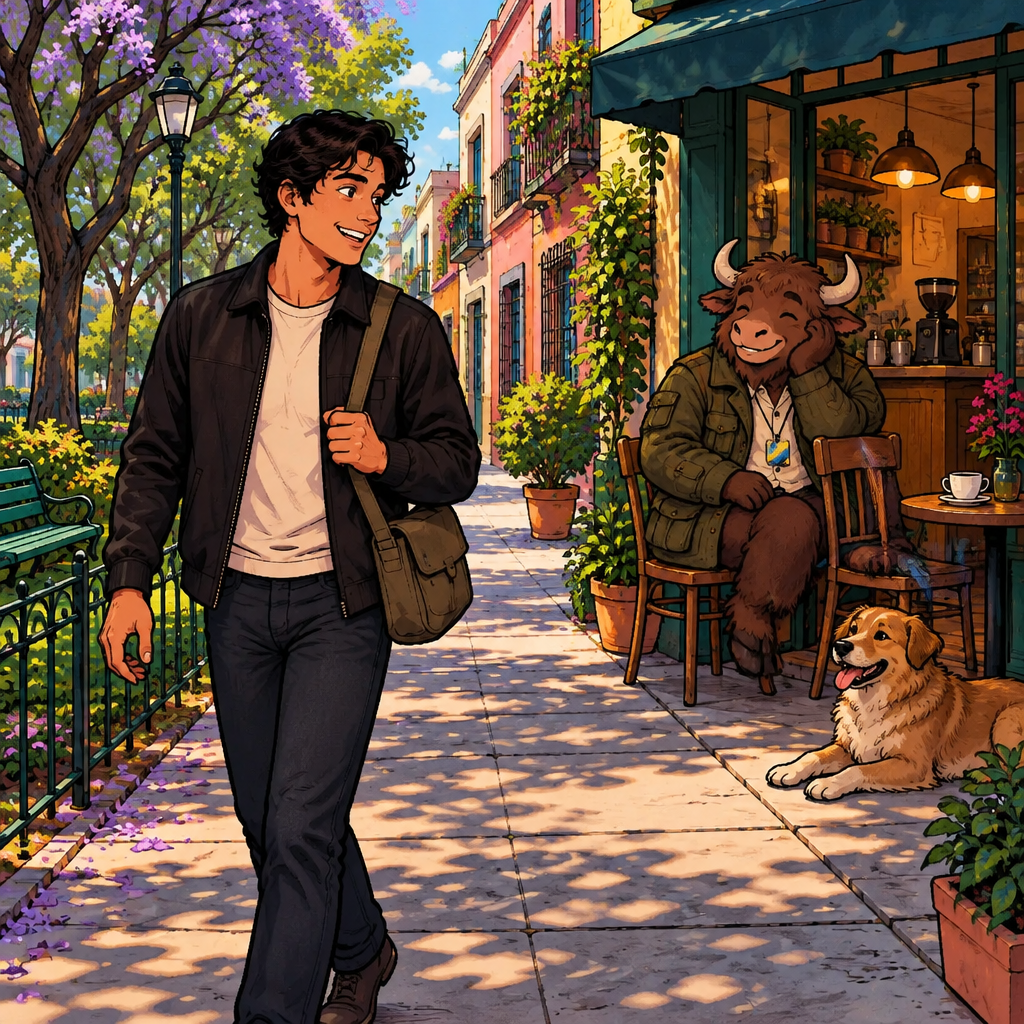 Justin walks on a sunny sidewalk beside a small neighborhood park, with a café visible two blocks down the street and Yako watching from two chairs at the café entrance.