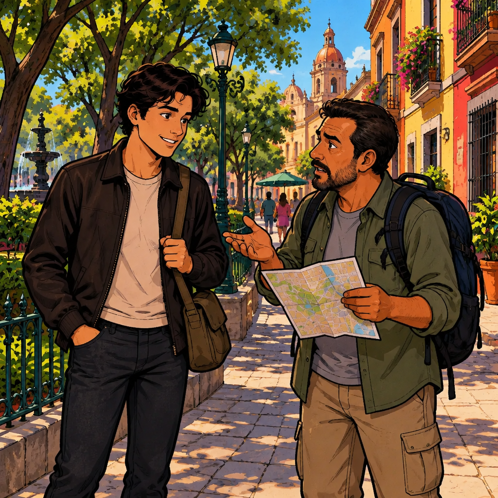 A stranger stops Justin on the sidewalk beside the park, gesturing with an open hand while asking a question.
