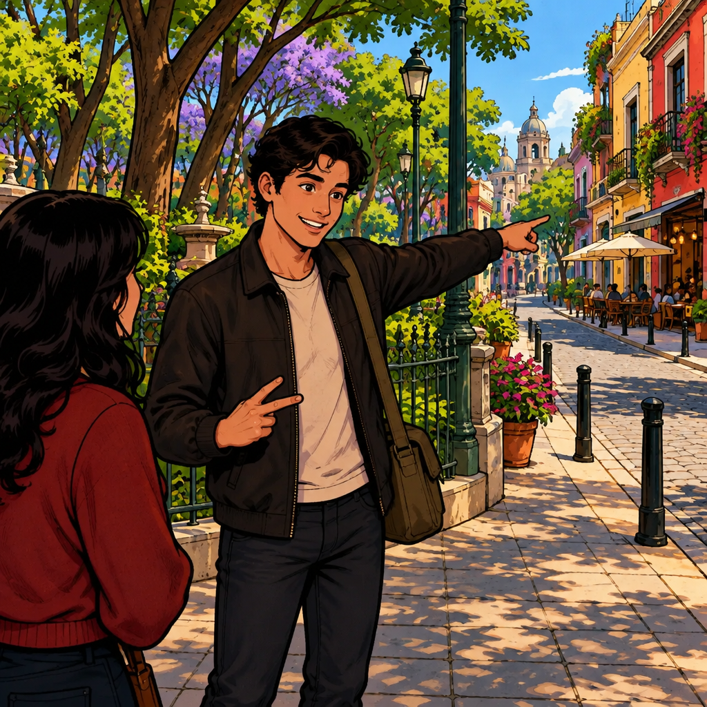 Justin points down the street, indicating a distance of two blocks with his gesture.
