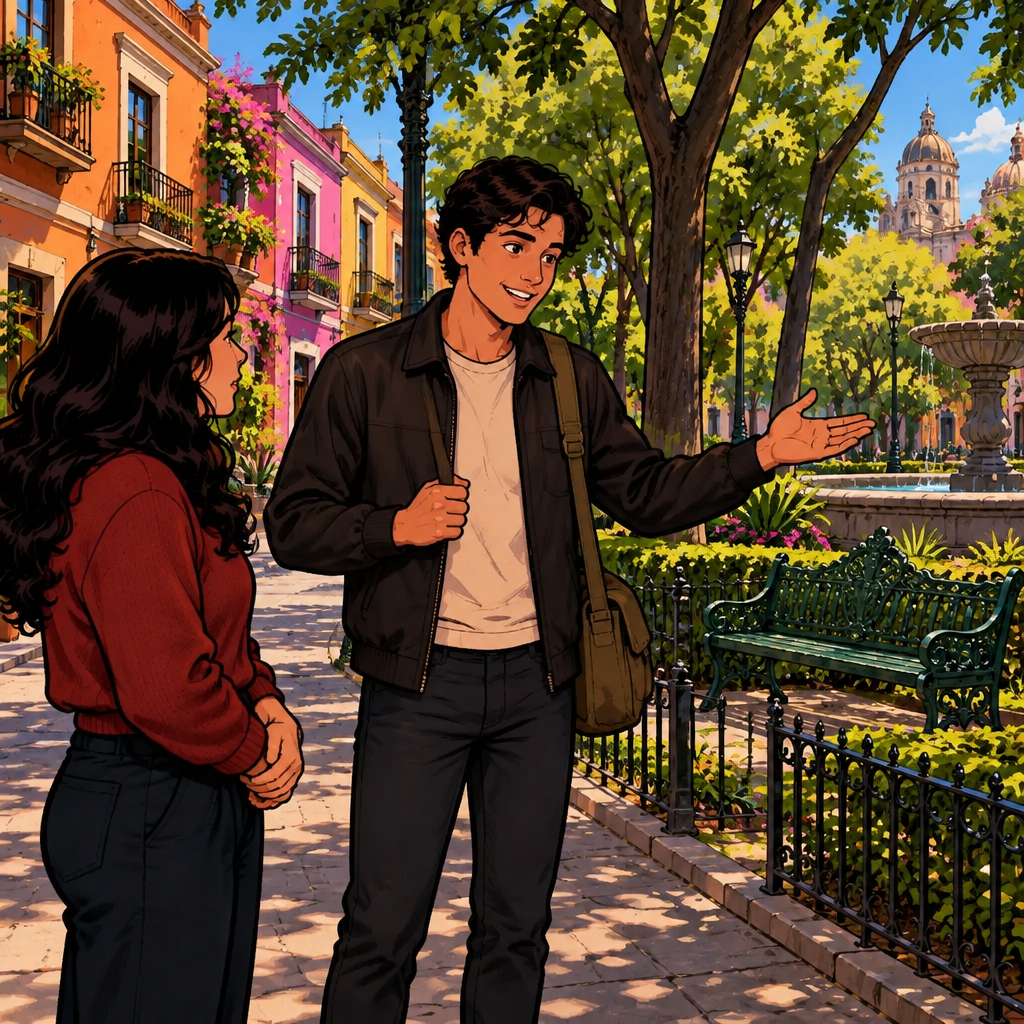 Justin gestures toward the small park beside him while explaining a location.