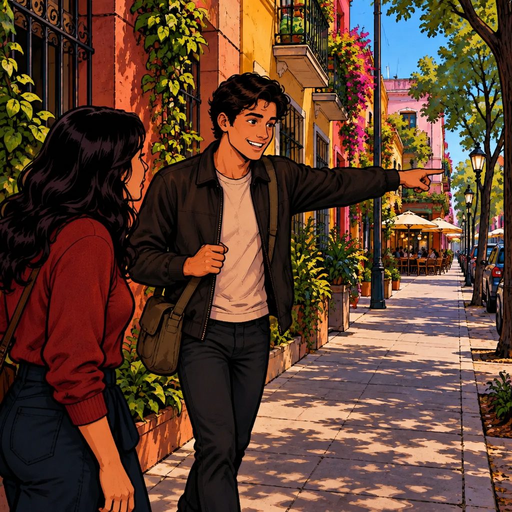 Justin points straight ahead down the sidewalk, showing the direction to go.