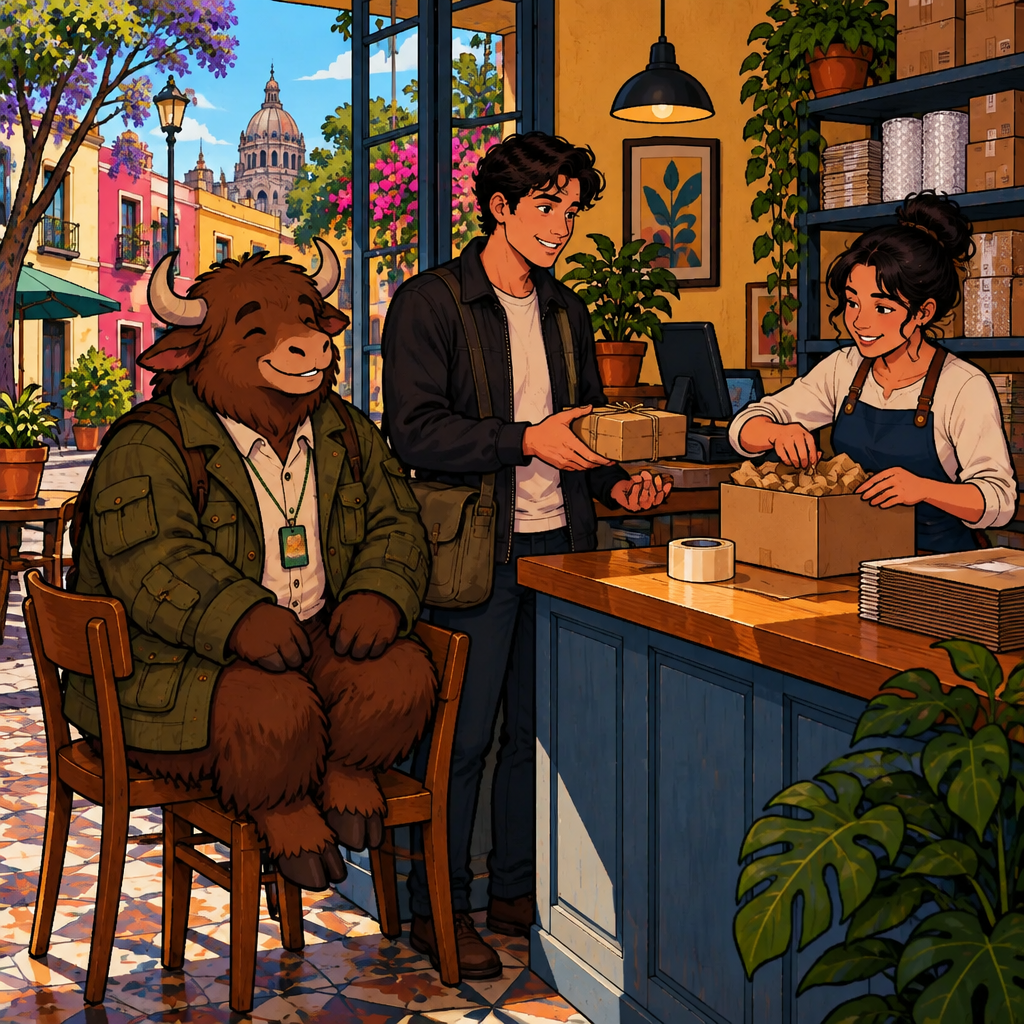Justin stands at a Mexico City shipping counter with a small brown-paper-wrapped box, while Yako waits beside him and a clerk checks the destination and reaches for packing materials.