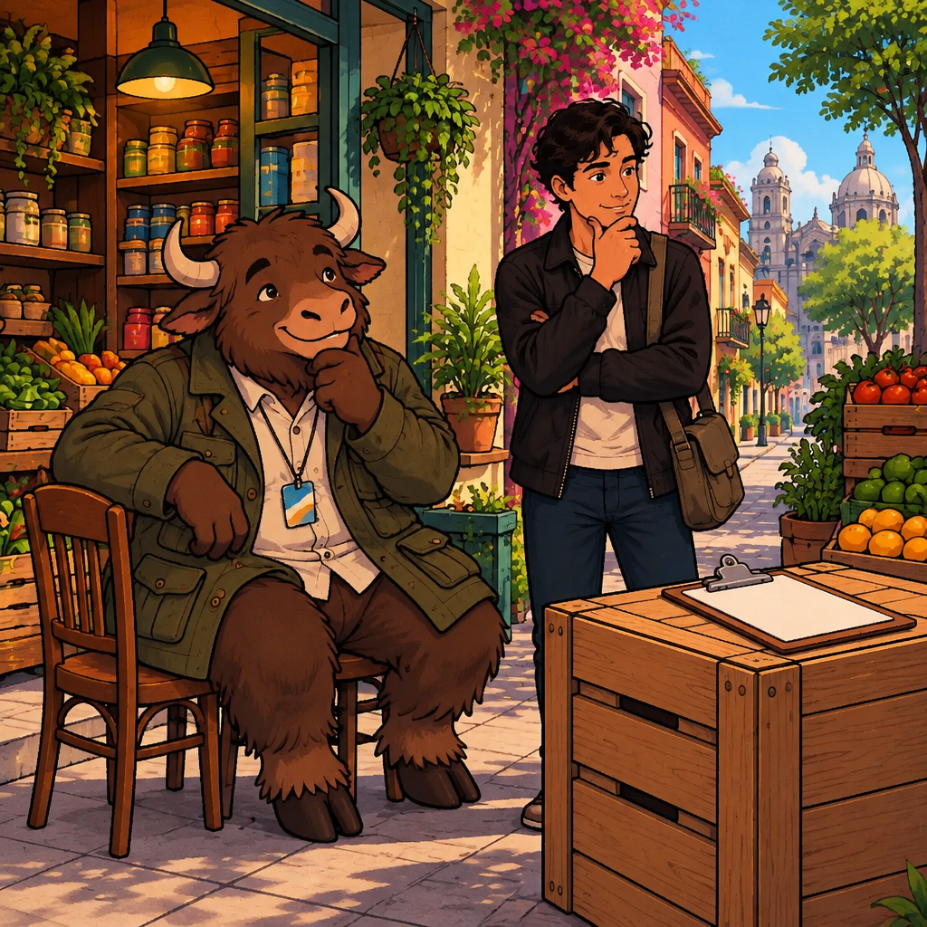 Justin and Yako wait outside a small neighborhood shop while considering a supplier decision that will be announced later.
