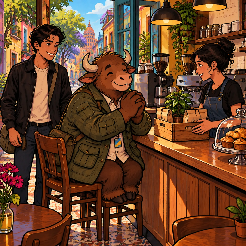 Yako gestures hopefully toward the shop while Justin listens beside him.