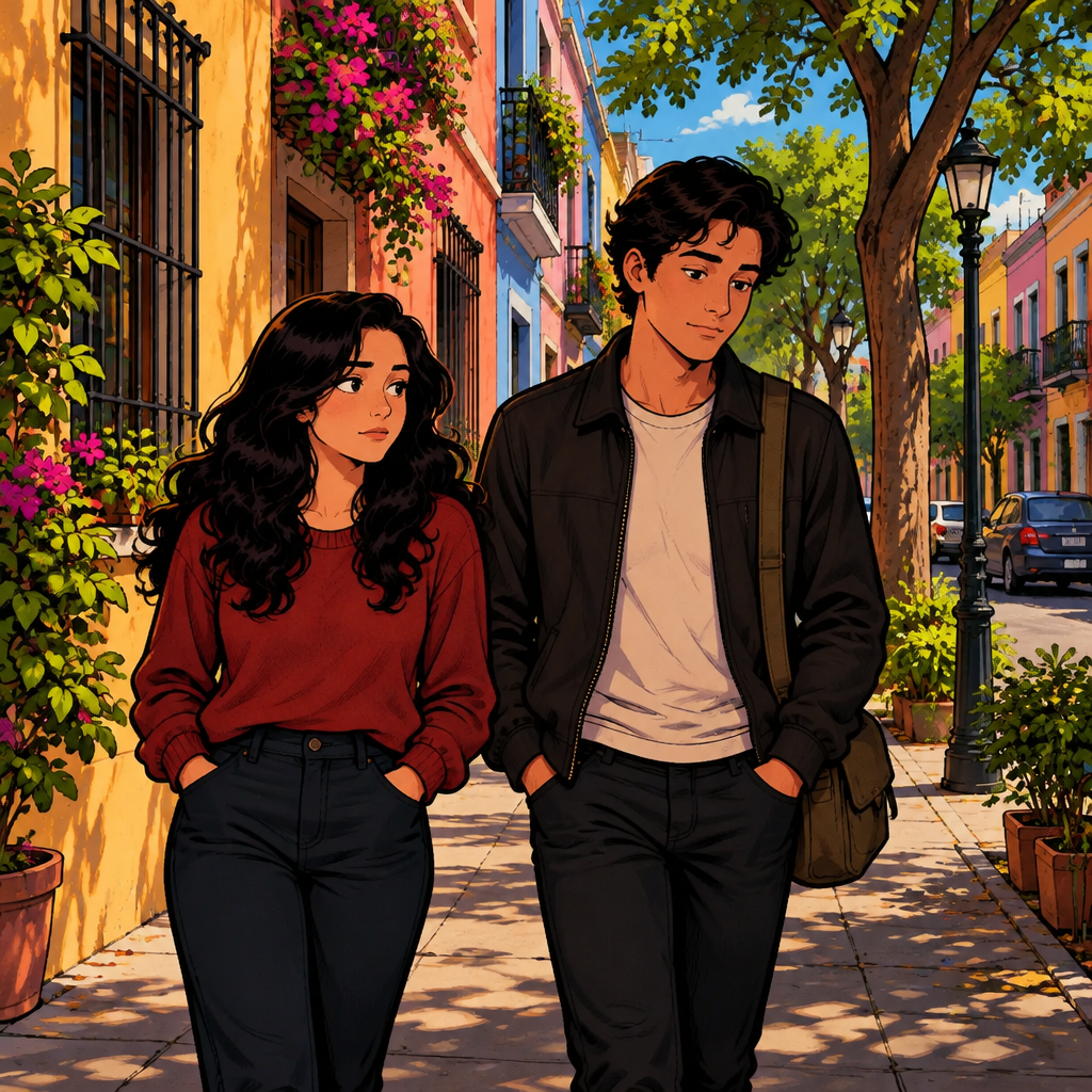 Megan and Justin walk home through colonia El Laurel after an ordinary restaurant outing, looking mildly disappointed rather than upset.
