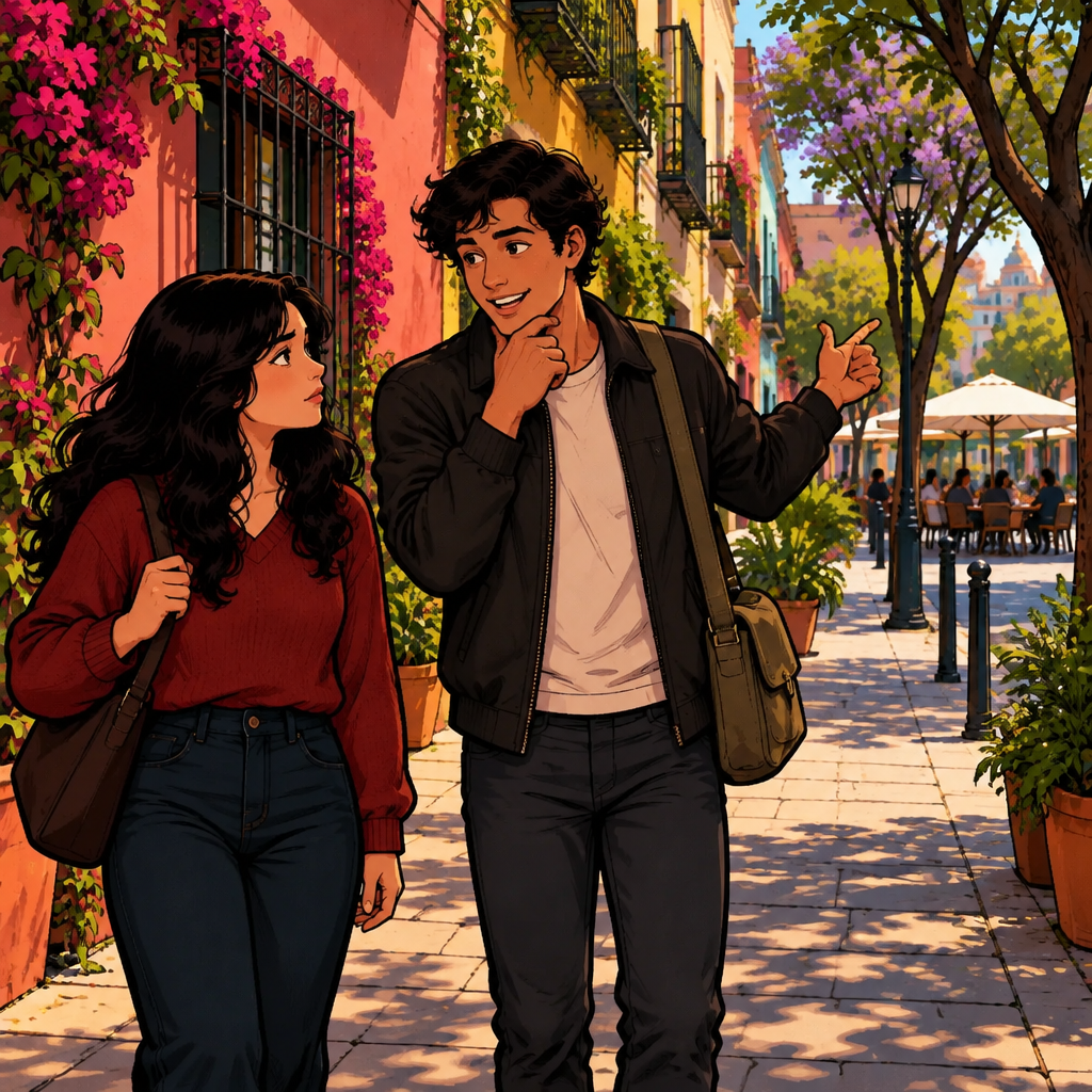 Justin is the visible speaker, pointing thoughtfully toward the restaurant district while Megan watches him.