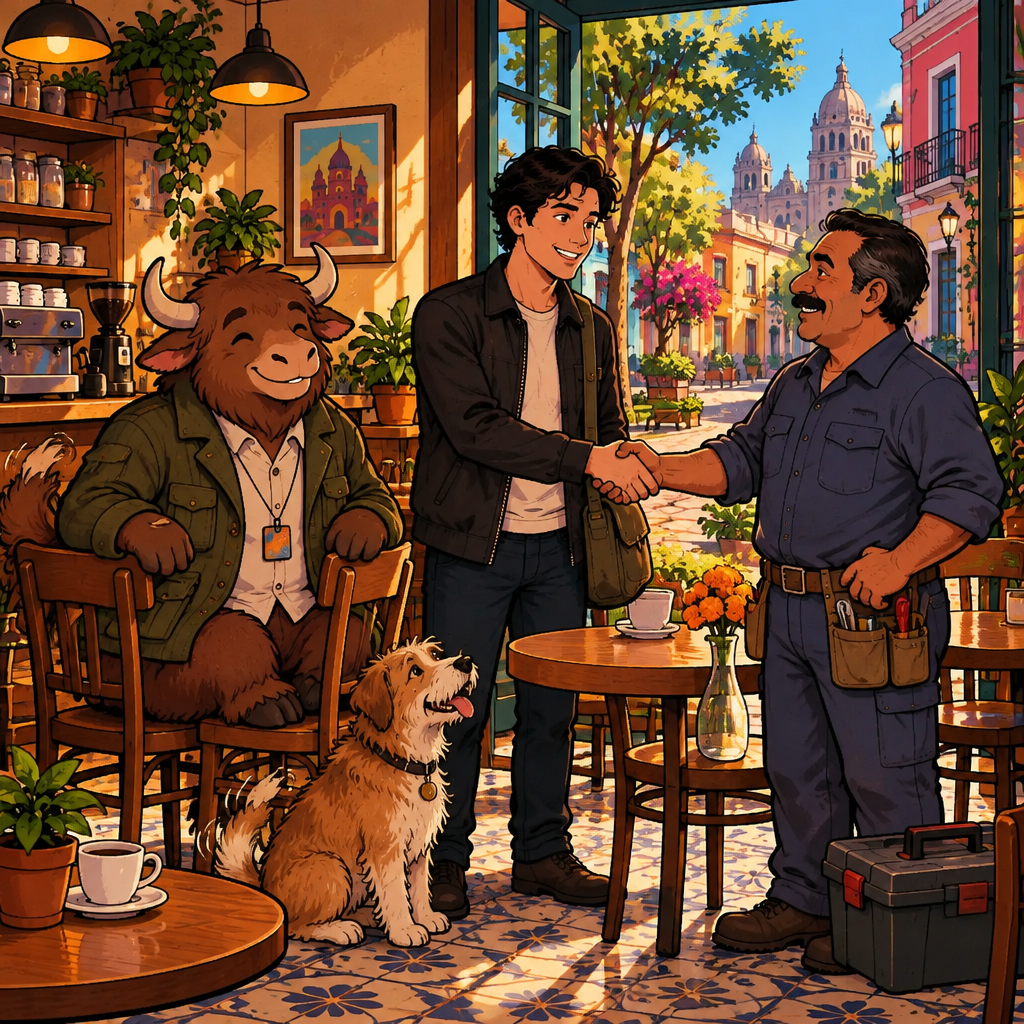 Justin shakes the landlord's hand thanking him for coming.