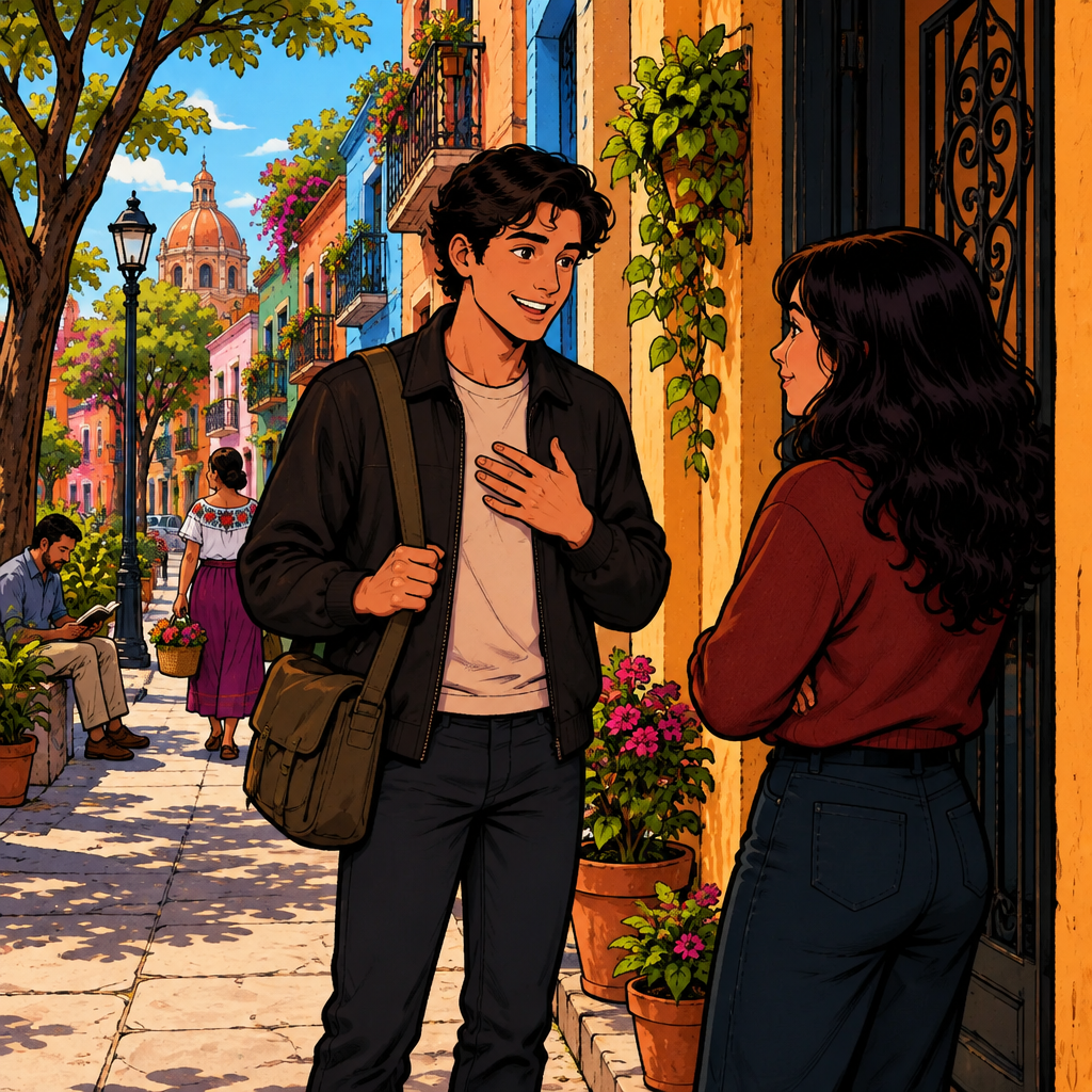 Justin, standing with Megan by her building door, speaks warmly to her with a gentle smile.